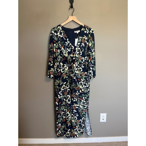 LOFT Botanical Print Maxi Dress Twist Front Long Sleeve Slit Size 12 - Picture 1 of 7